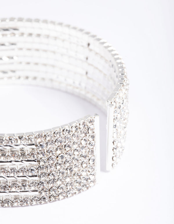 Silver Spiky 4 Row Diamante Wrist Cuff