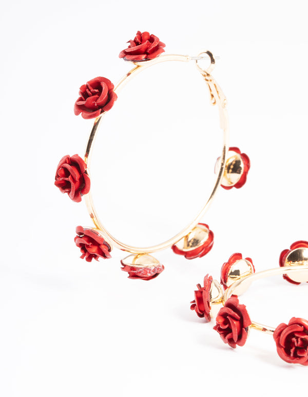 Red Multi Rose Hoop Earrings