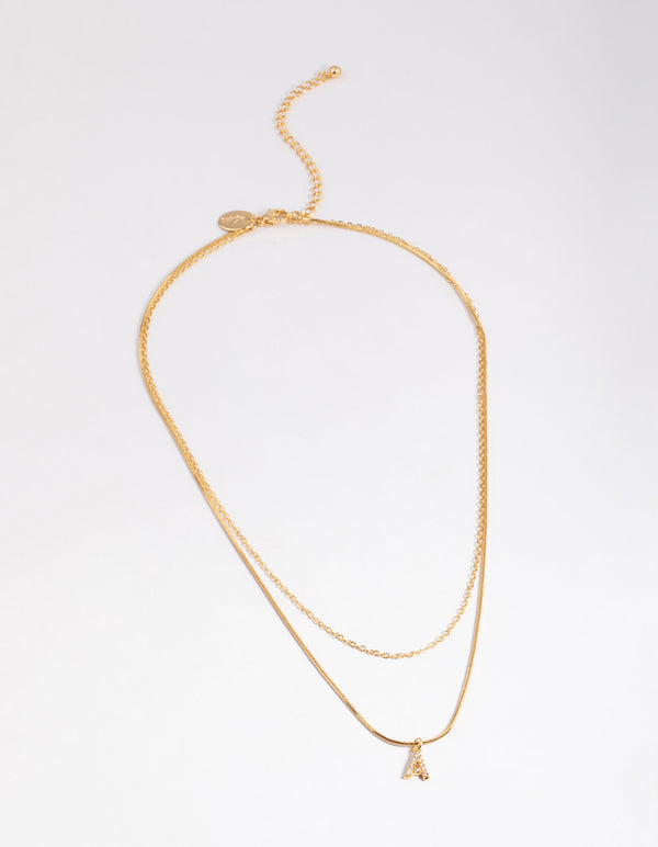 Letter A Gold Plated Layered Initial Diamante Necklace