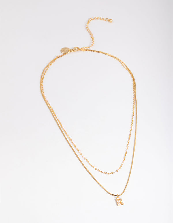 Letter R Gold Plated Layered Diamante Initial Necklace