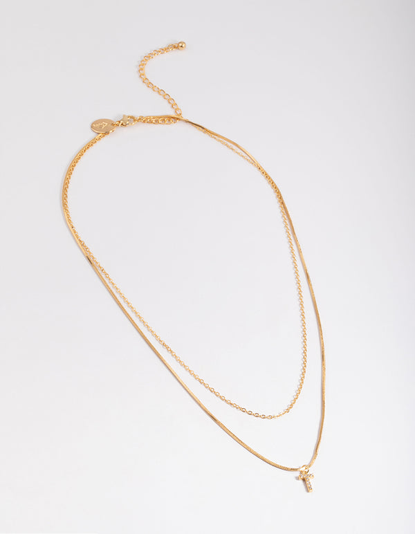 Letter T Gold Plated Layered Diamante Initial Necklace