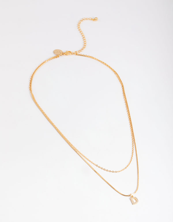 Letter D Gold Plated Layered Diamante Initial Necklace