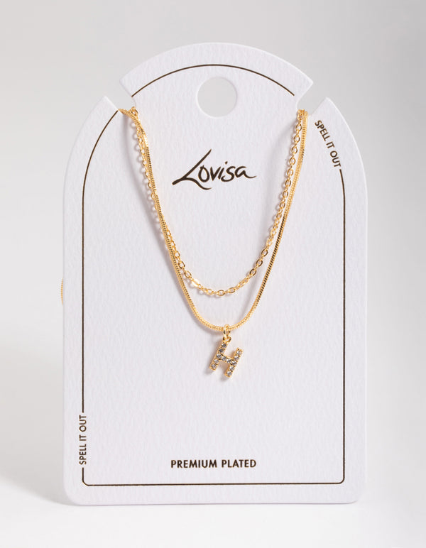 Letter H Gold Plated Layered Diamante Initial Necklace