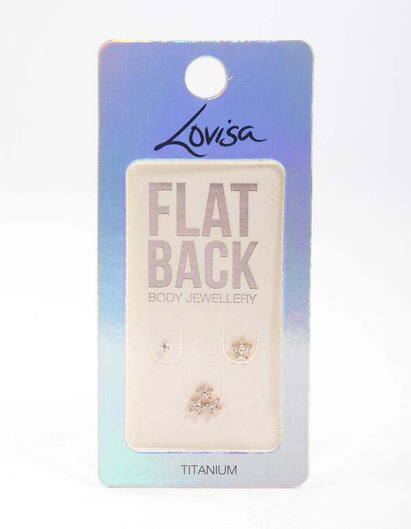 Gold Plated Titanium Cubic Zirconia Floral Flat Back Pack