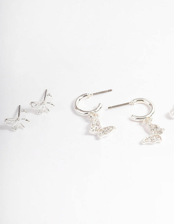 Silver Crystal Butterfly & Pearl Earrings 4-Pack
