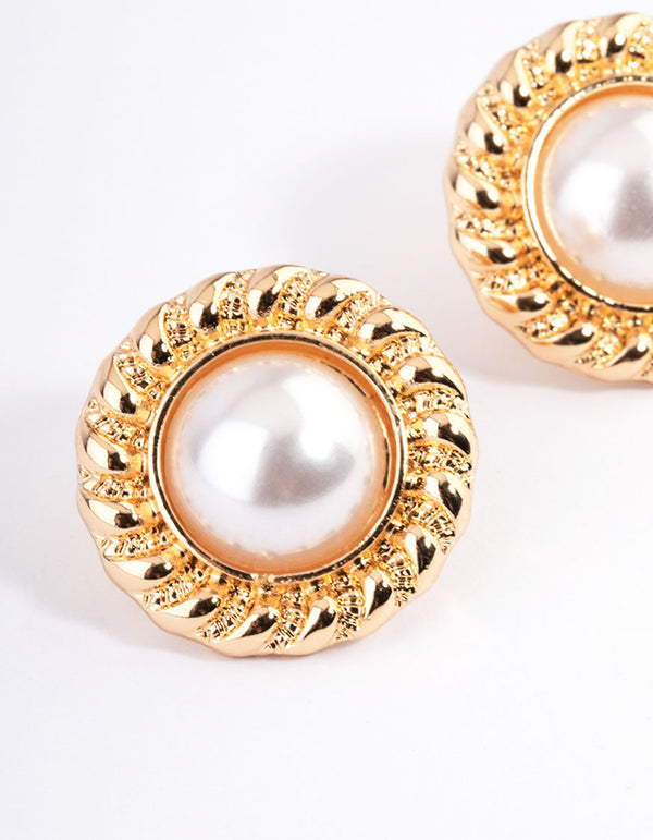 Gold Vintage Rope Pearl Stud Earrings