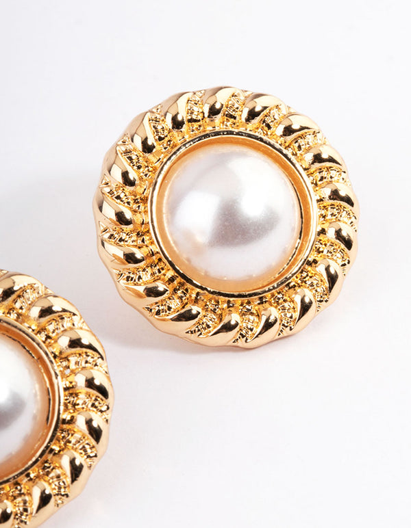 Gold Vintage Rope Pearl Stud Earrings