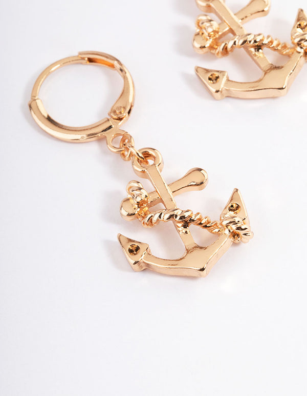 Gold Nautical Anchor Huggie Earrings
