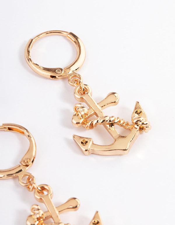 Gold Nautical Anchor Huggie Earrings