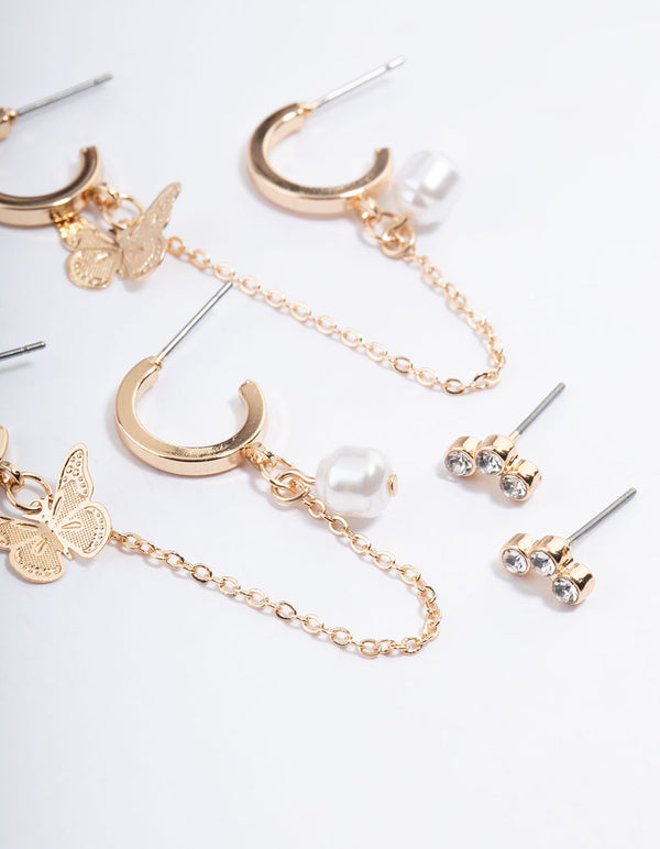 Gold Butterfly Pearl Stacker Earrings 5-Pack