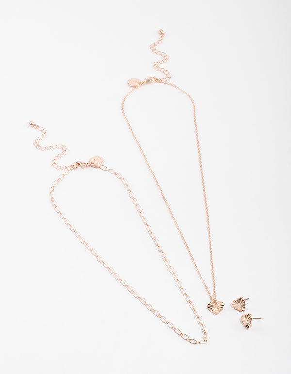 Rose Gold Heart Rays Layered Necklace & Earrings Set