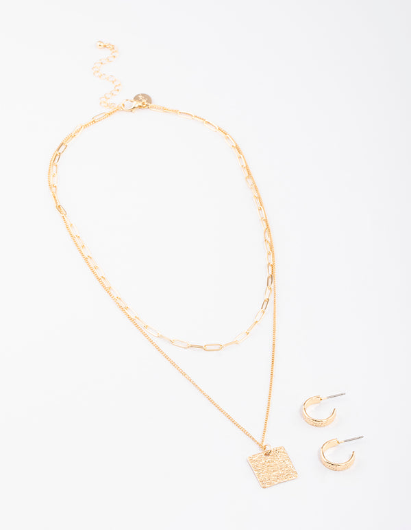 Gold Layered Textured Square Necklace & Earrings Set