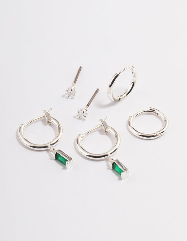 Silver Plated Brass Cubic Zirconia Emerald Cut Huggie Earrings 6-Pack