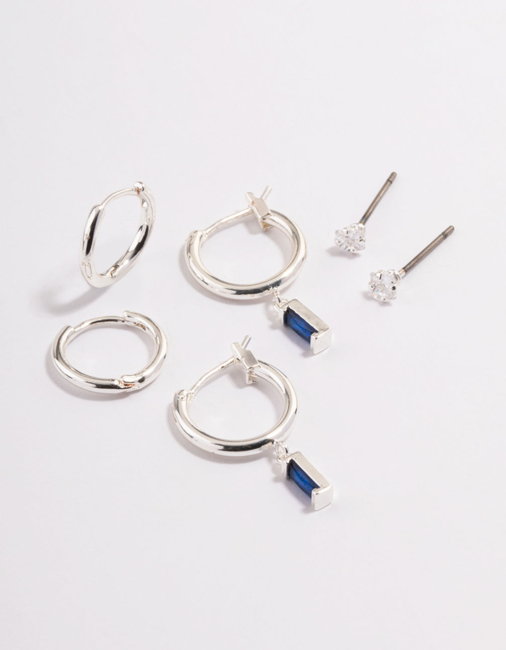 Silver Plated Brass Cubic Zirconia Sapphire Cut Huggie Earrings 6-Pack
