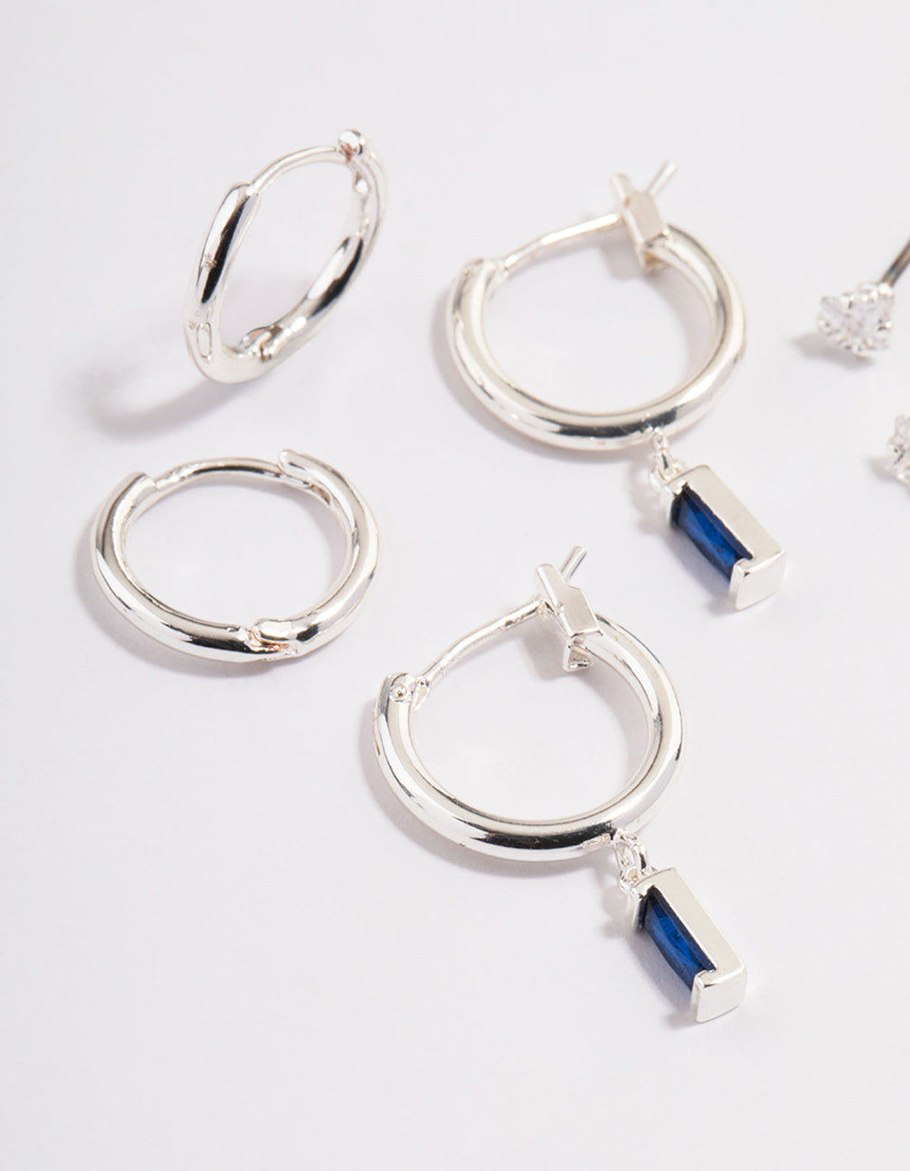Silver Plated Brass Cubic Zirconia Sapphire Cut Huggie Earrings 6-Pack