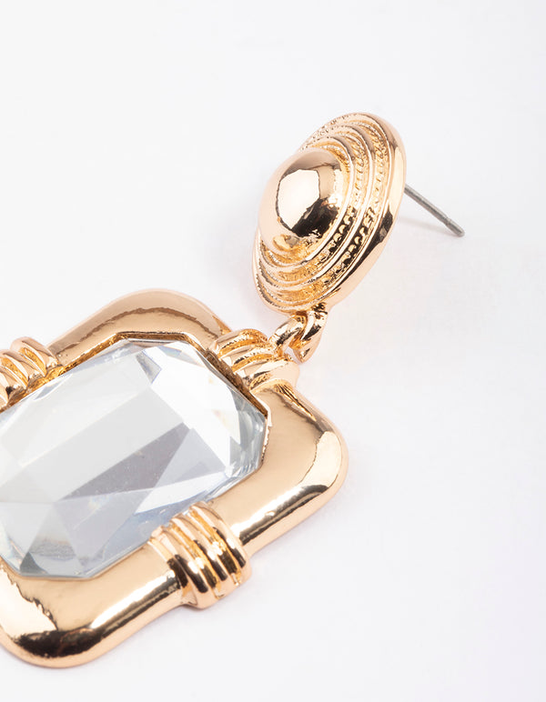 Gold Framed Square Crystal Drop Earrings