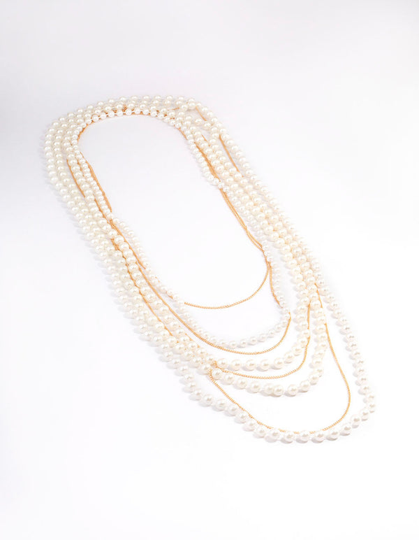Gold Pearl Long Layered Necklace