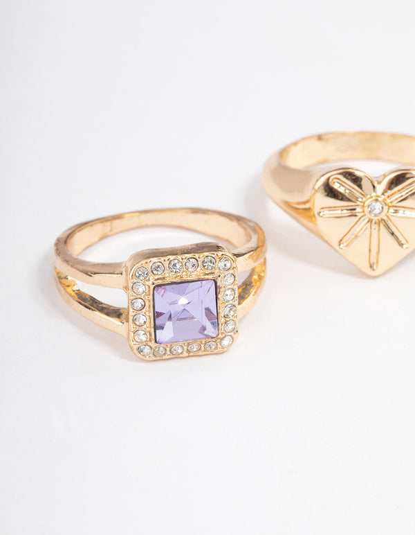 Purple Crystal Heart Ring Pack