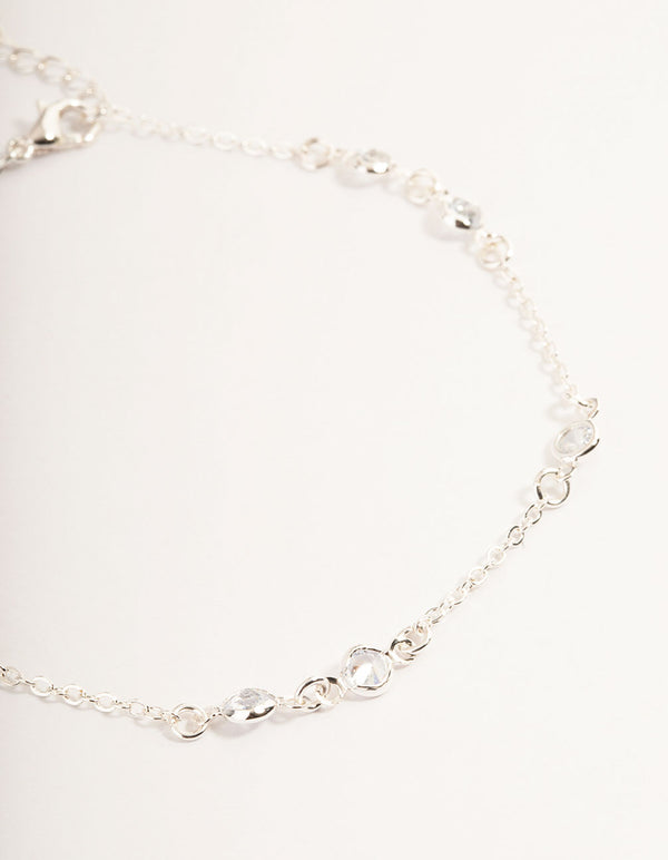Silver Cubic Zirconia Station Anklet