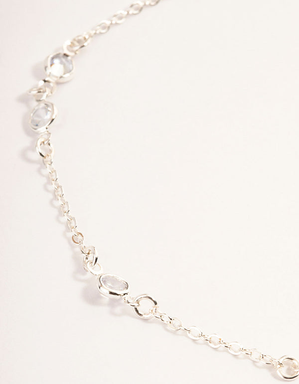 Silver Cubic Zirconia Station Anklet