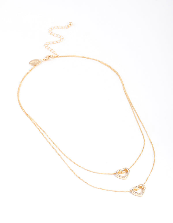 Gold Double Diamante Open Heart Necklace