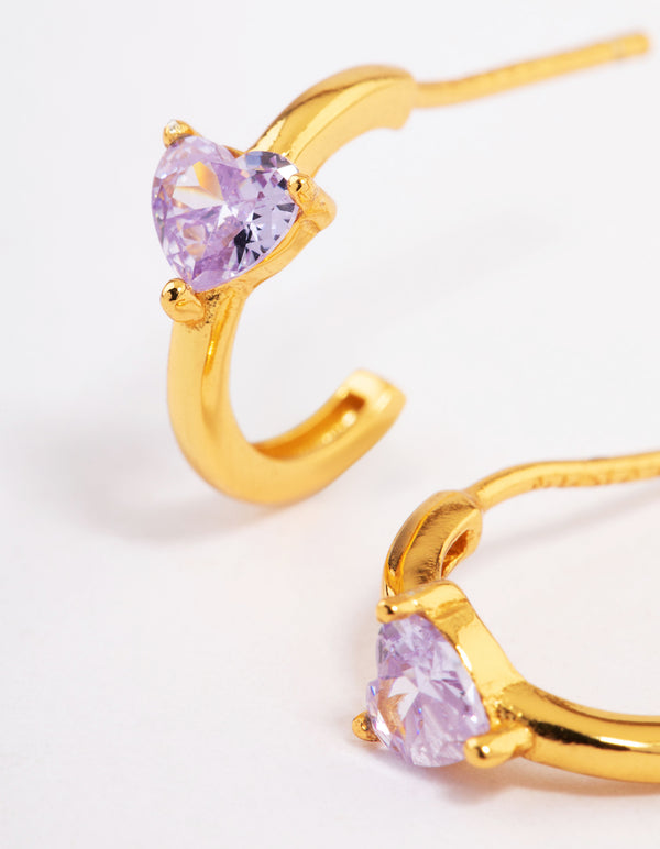 Gold Plated Sterling Silver Amethyst Heart Hoop Earrings