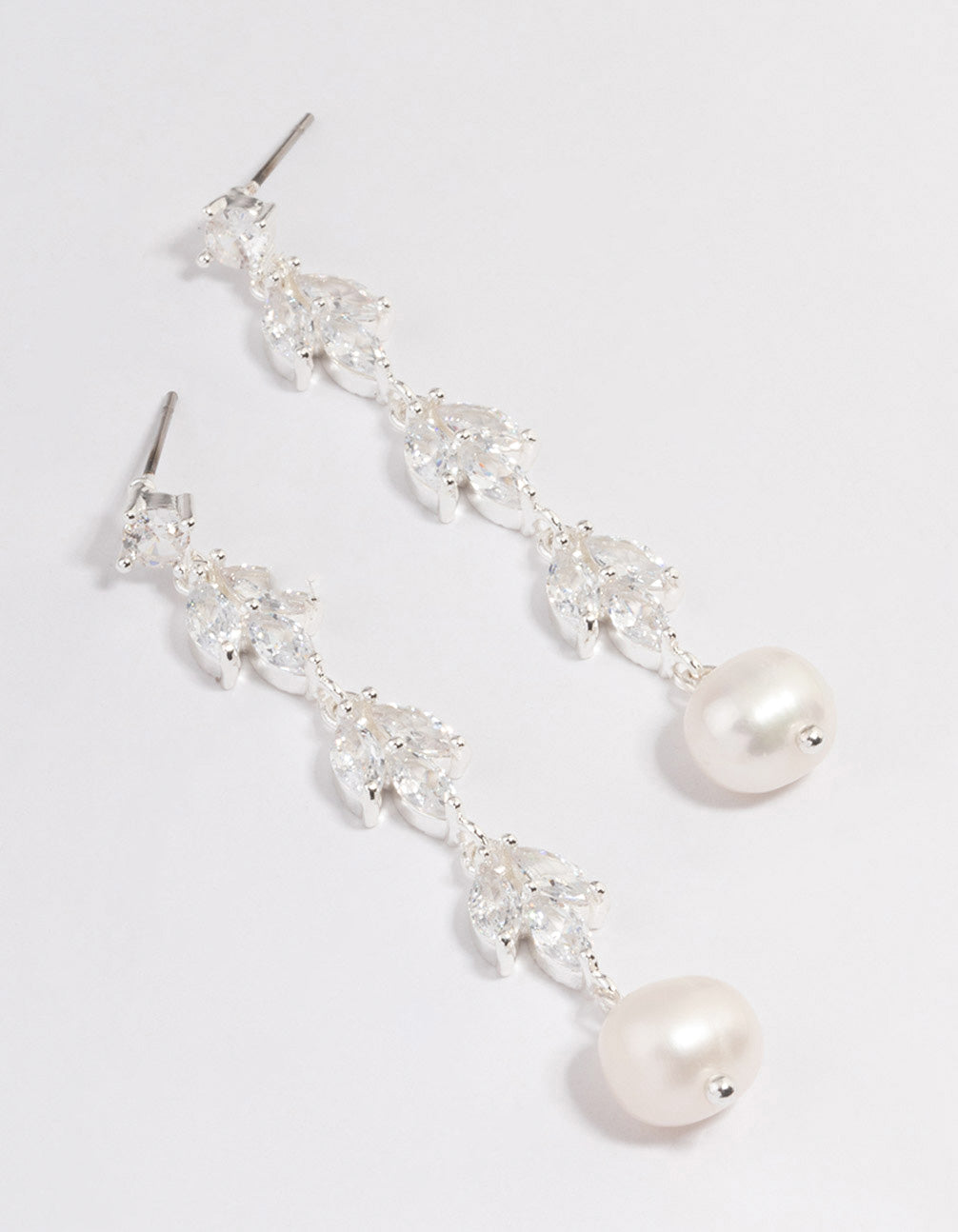 Silver Plated Leaf Pearl Cubic Zirconia Drop Earrings