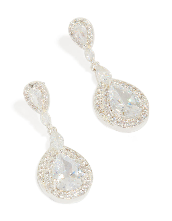 Silver Plated Cubic Zirconia Marquise Drop Earrings