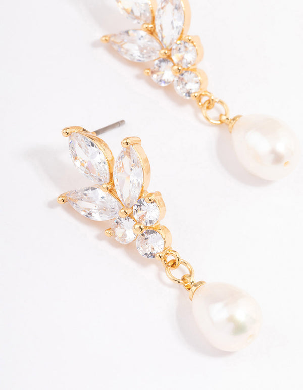 Gold Plated Cubic Zirconia Cluster Freshwater Pearl Drop Earrings