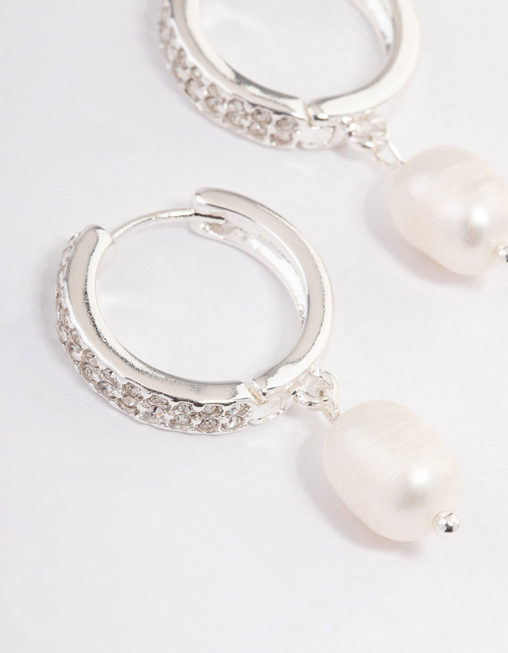 Silver Plated Freshwater Pearl Drop Cubic Zirconia Medium Huggie Earrings