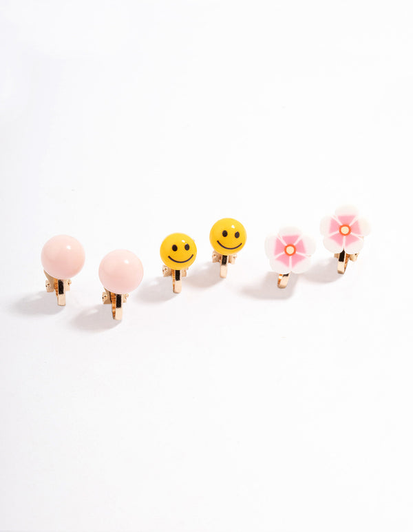 Gold Smile & Flower Earrings 5-Pack