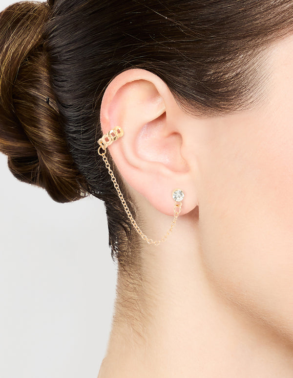 Gold Chainlink Cuff & Diamante Chain Earrings