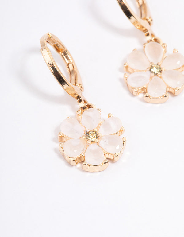 Gold Dainty Pearly Flower Huggie Earrings