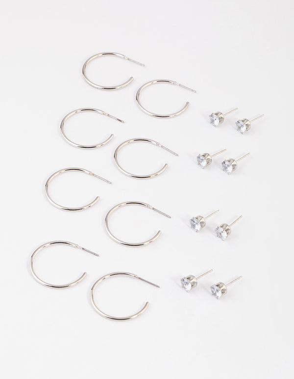 Silver Classic Diamante & Hoop Earrings 8-Pack