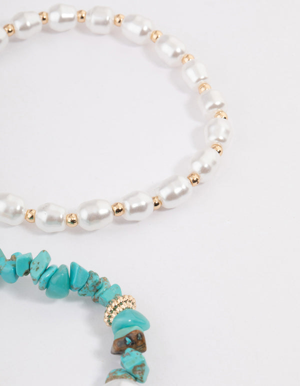 Gold Pearl & Turquoise Chip Stretch Bracelet Pack