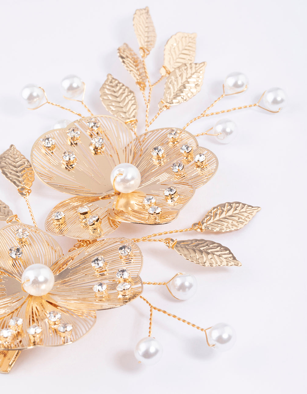 Gold Pearl Etched Flower Hair Clip