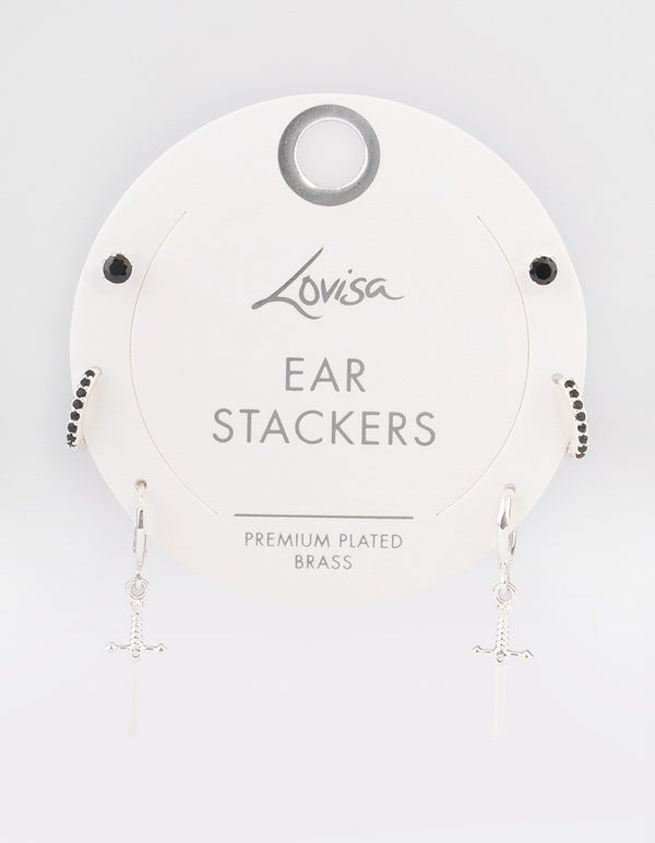 Silver Plated Brass Cubic Zirconia Dagger Huggie Earrings Pack