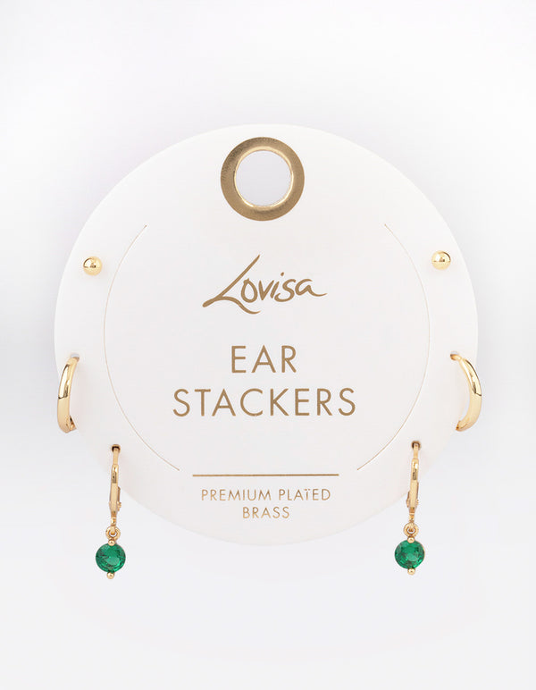 Gold Plated Brass Cubic Zirconia Round Cut Huggie Earrings Pack