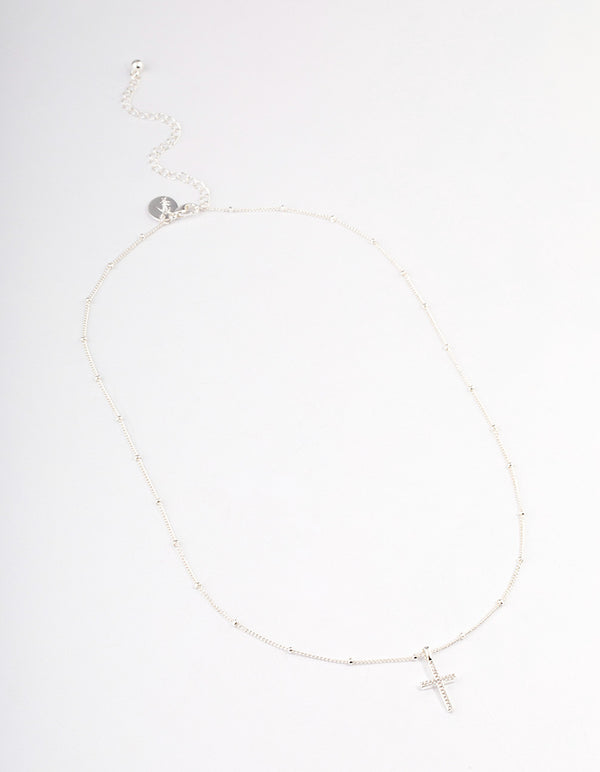 Silver Plated Brass Cubic Zirconia Pave Cross Necklace