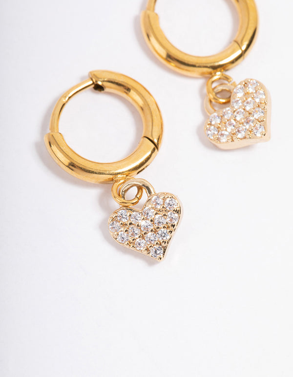 Gold Plated Surgical Steel Cubic Zirconia Floated Heart Huggie Earrings