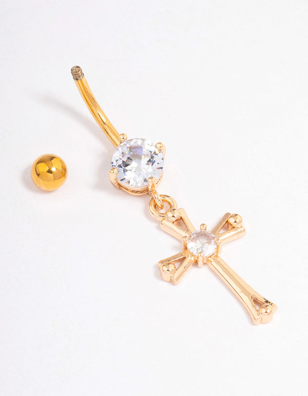 Gold Plated Surgical Steel Cubic Zirconia Cross Drop Belly Ring