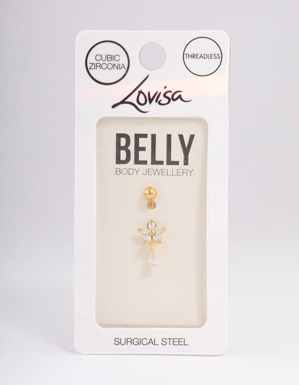 Gold Plated Surgical Steel Cubic Zirconia Flower Pear Belly Ring