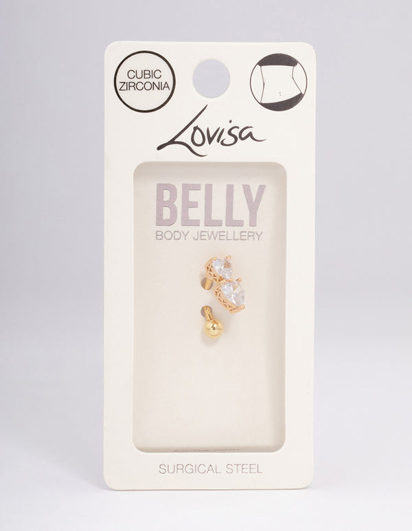 Gold Plated Surgical Steel Cubic Zirconia Heart Stacked Belly Ring