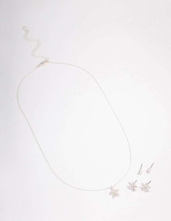 Silver Flower Earrings Jewellery Set