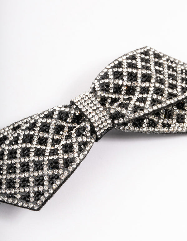 Fabric Black & Silver Diamante Bow Barette Clip