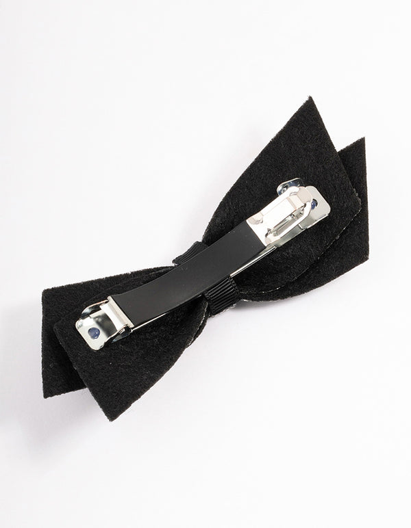 Fabric Black & Silver Diamante Bow Barette Clip