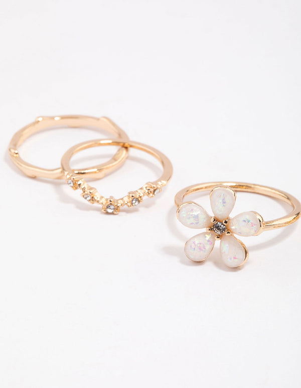 Gold Opal Flower & Diamante Ring Pack