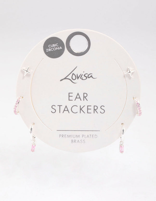 Silver Plated Brass Barbie Baguette Huggie Earrings 6-Pack