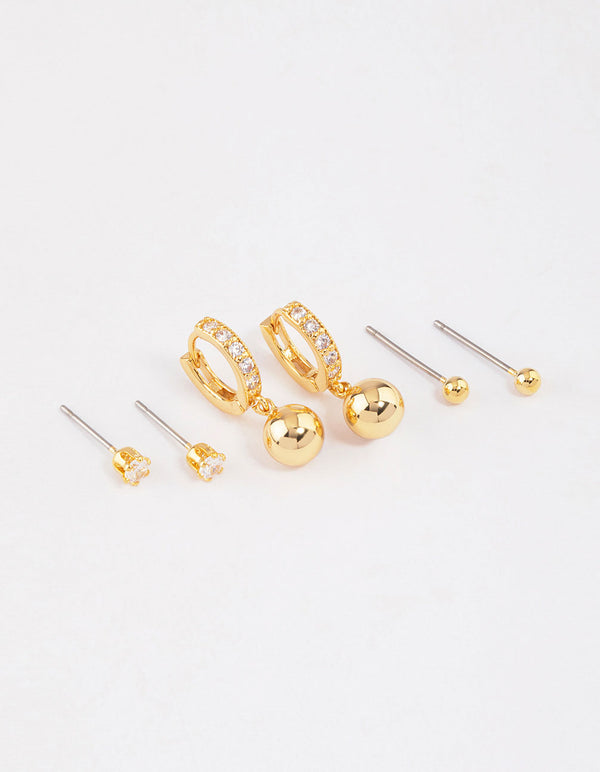 Gold Plated Brass Cubic Zirconia Huggie Ball Earrings 6-Pack