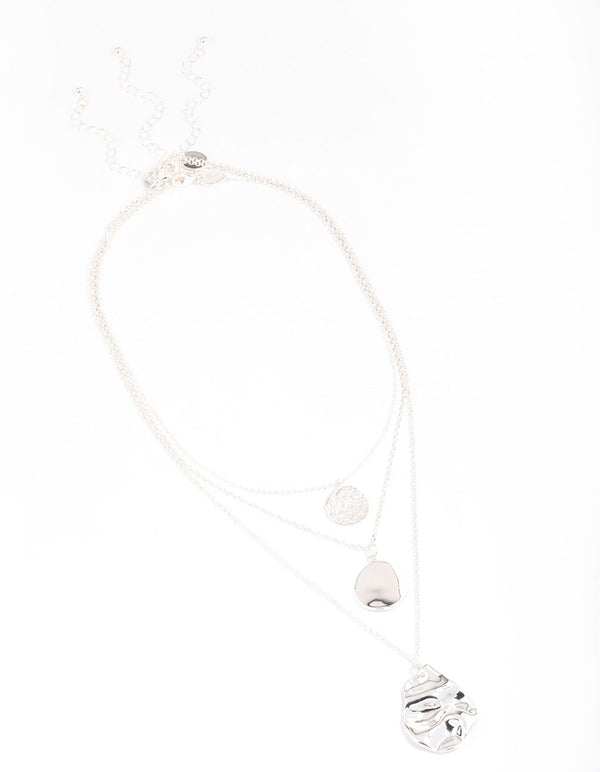 Silver Plated Brass Trio Layered Molten Disc Necklace